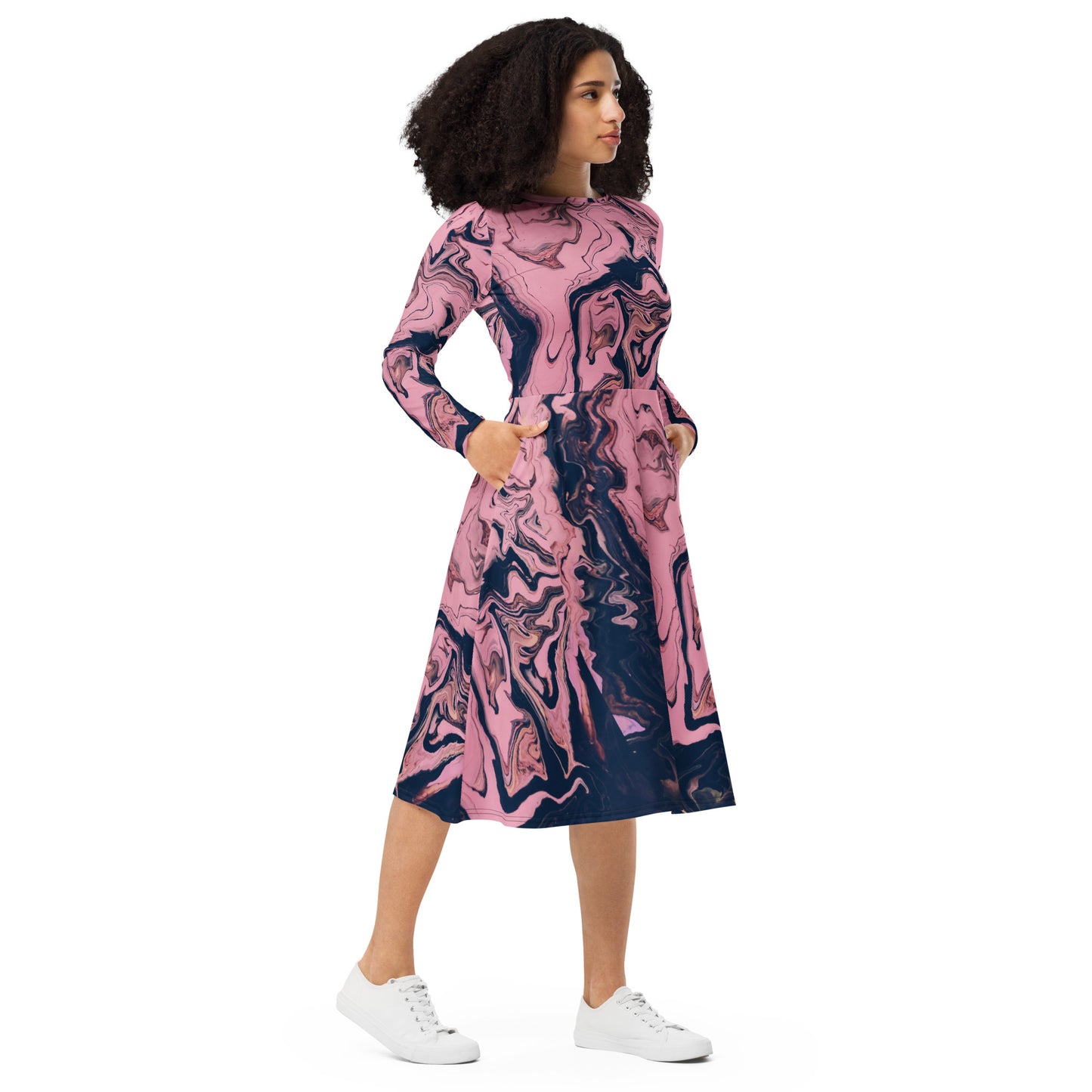 Azure Twilight Women's Long Sleeve Midi Dress - FLAKOUT