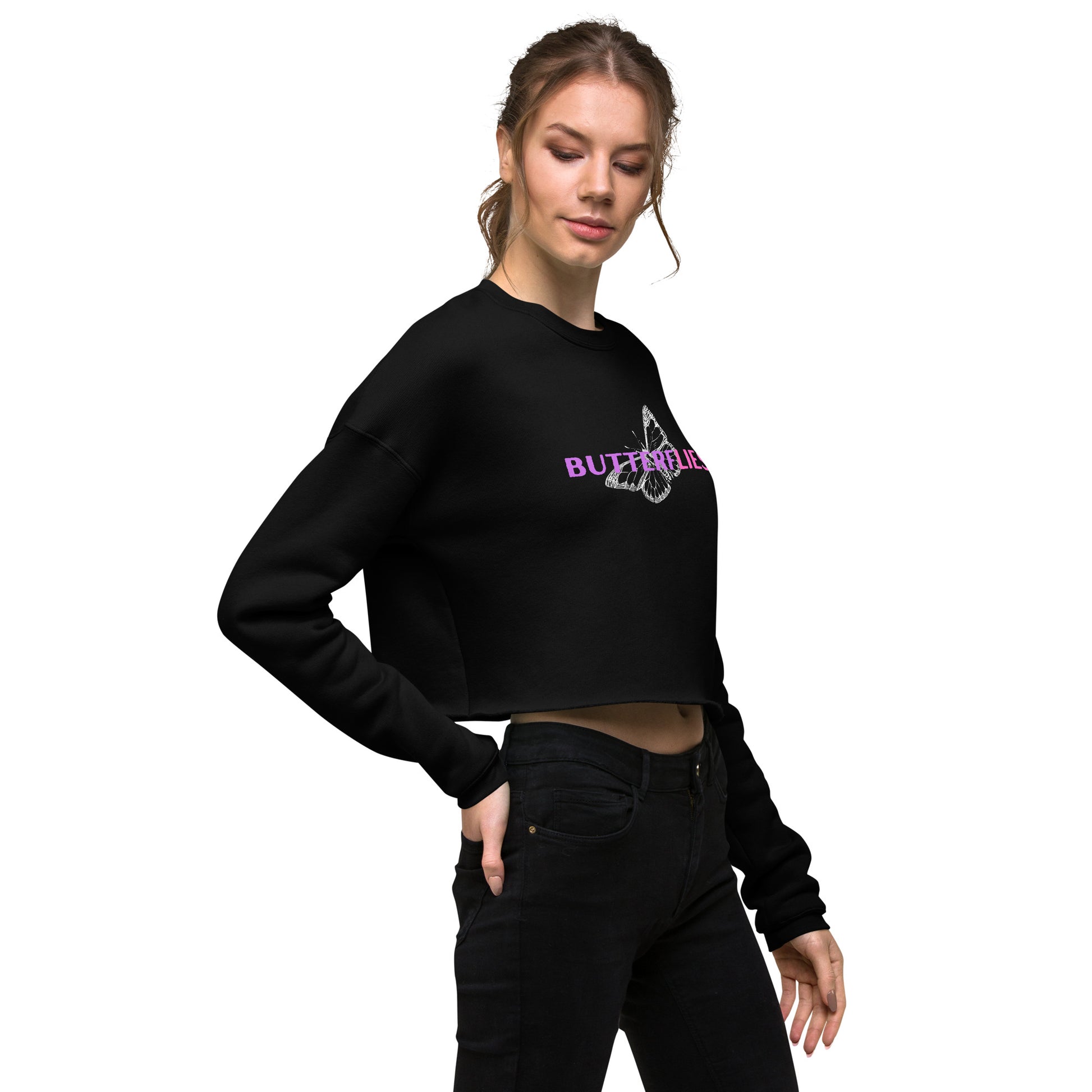 Whispers Of Wings Butterflies Women's Crop Sweatshirt - Black - FLAKOUT